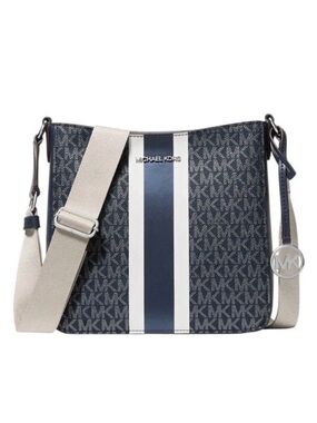 New Michael Kors Jet Set Small Signature Logo Stripe Crossbody Bag Navy Multi